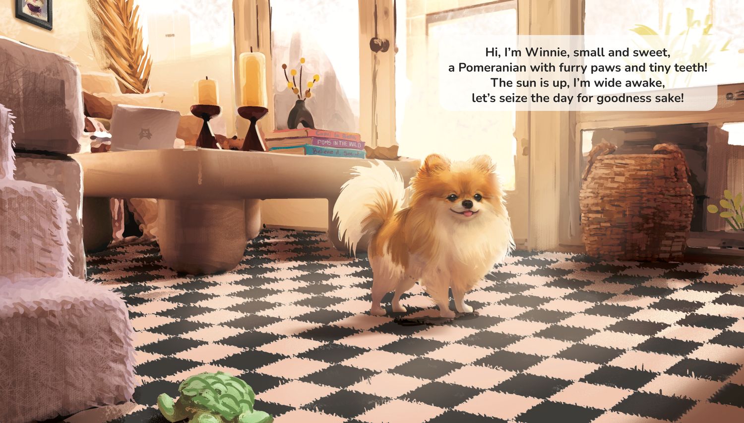 An illustrated spread from the book showing Winnie at home