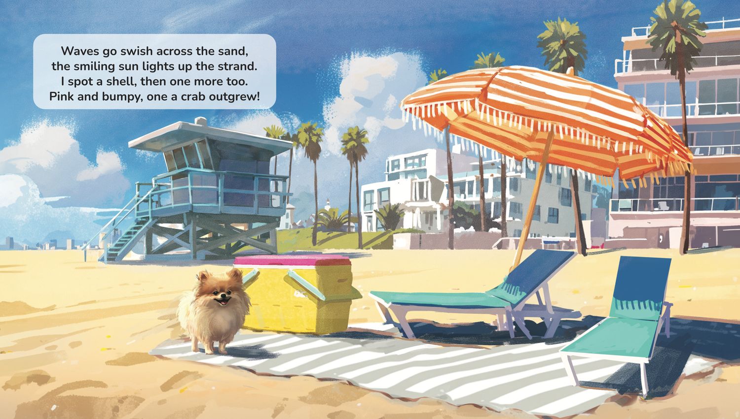 An illustrated spread from the book showing Winnie at the beach